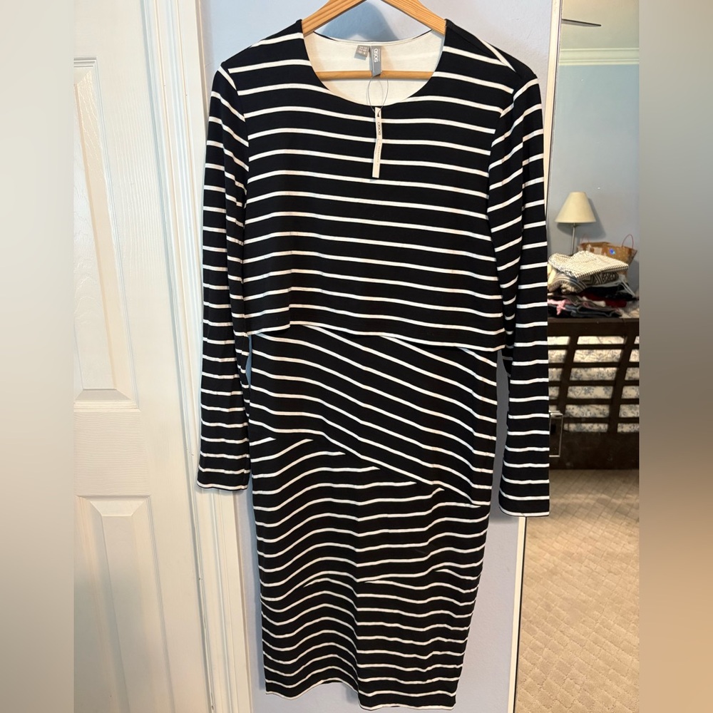 ASOS Maternity Nursing Black and White Striped Long Sleeve Dress Size 8